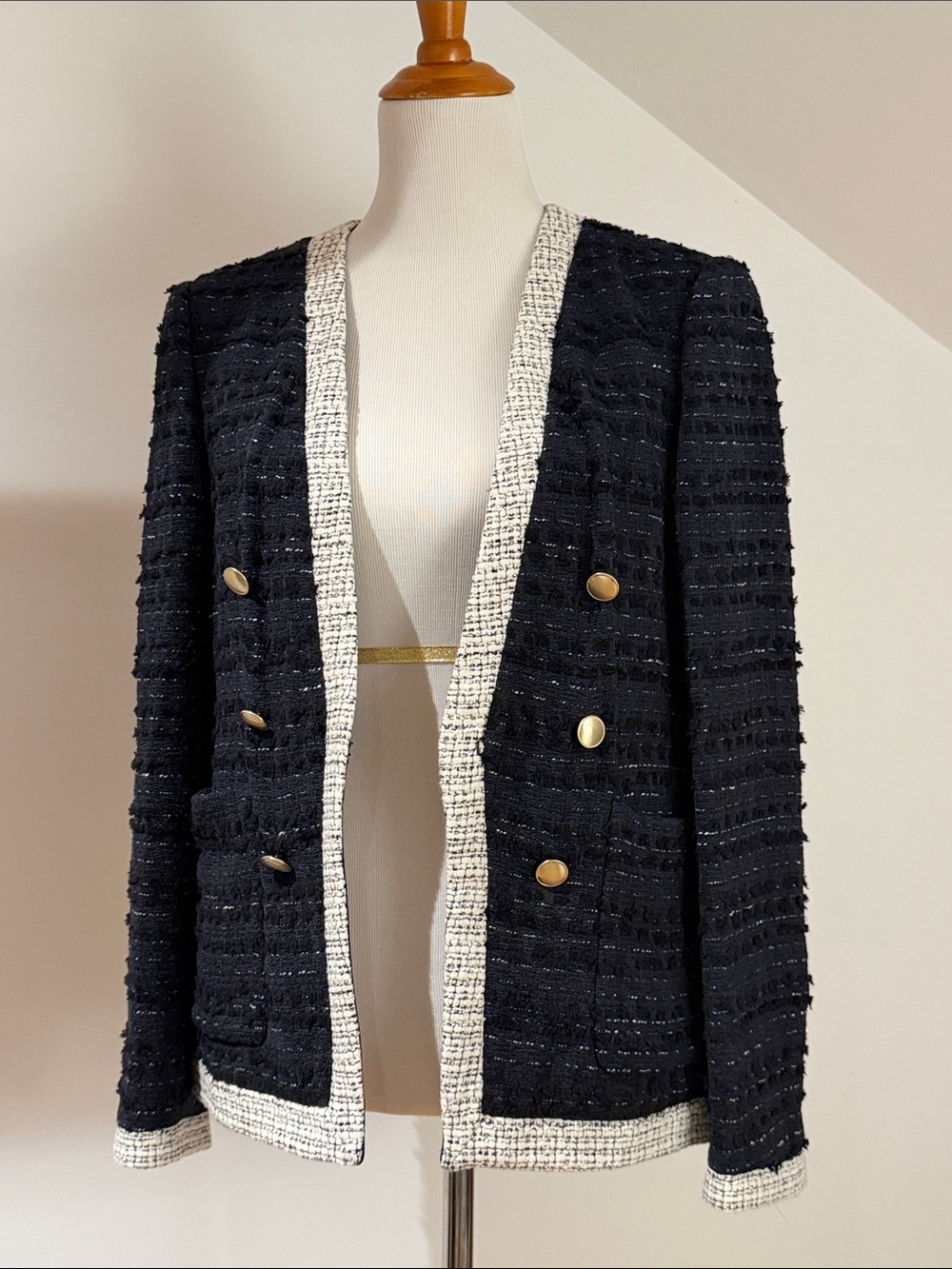 Navy Tweed Double-Breasted Blazer with Ivory Trim